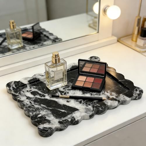 Real Natural Calacatta Black Marble Tray, Luxury Scalloped Marble Tray, Decorative Rectangle Marble Tray for Vanity Bathroom Kitchen Coffee Table Jewelry Perfume Home Decor - color: Calacatta Black