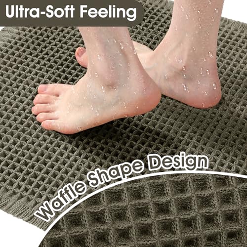 Upgraded Waffle Bath Mat, 32"x20" Greyish Green, Super Absorbent Non-Slip Quick Dry Bathroom Rugs with Tassels, Machine Washable Ultra Soft Boho Bath Rugs for Floor, Toilet Mats Boho Farmhouse Decor - color: Greyish Green, size: 1'8" x 2'8" (Rectangular)