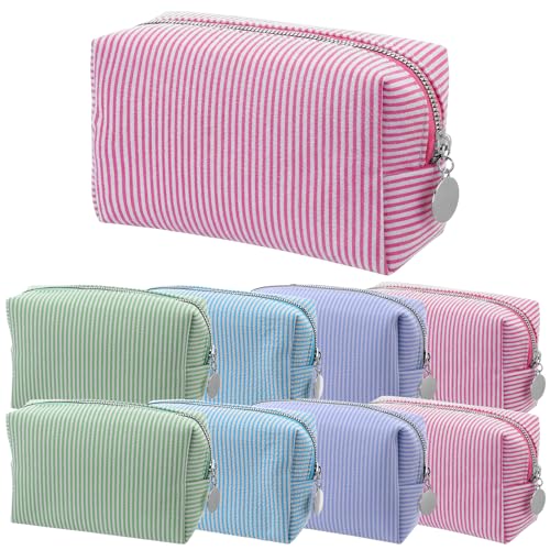 8 Pcs Stripe Cosmetic Bags Seersucker Makeup Bags 4 Colors Women Pouch Large Storage Pouch Toiletry Travel Organizer for Wedding Bridesmaid Bride Favor