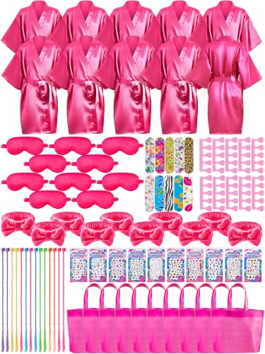 Xuhal 92 Pcs Spa Party Supplies Slumber Party Spa Pretend Play Set with Satin Robes, Headbands and Eye Masks, Sleepover Kit with Gift Bags, Total 10 Sets(Rose,12) - color: Rose, size: 12