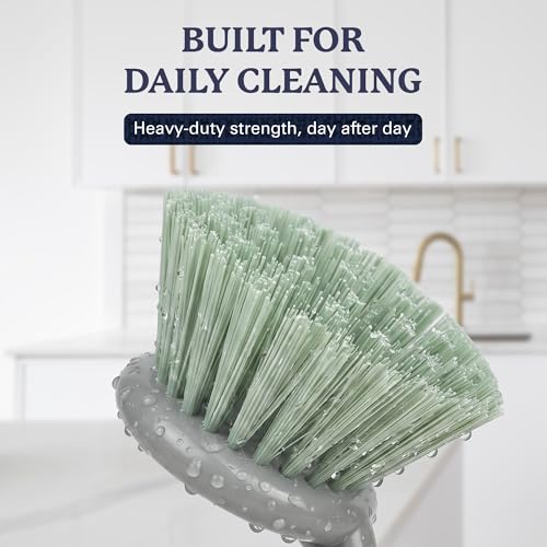 Farberware Dish Brush with Handle, 2 Pack, Firm Bristles | Kitchen scrub brush and dish scrubber removes grease, reaches pot and pan edges, 9in, round head, soft-grip design - color: Sage