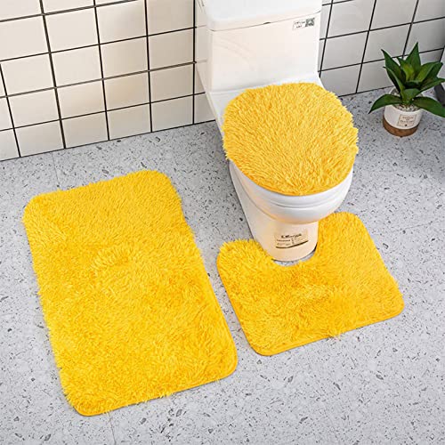3 Piece Bath Set - Ultra Soft Non Slip Bath Mat & Absorbent Chenille Bath Mat for Tub, Shower & Toilet (Yellow) - color: Yellow