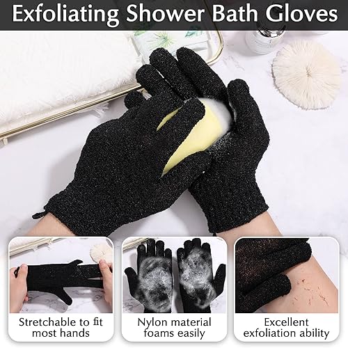 Anezus Exfoliating Back Scrubber Bath Gloves Set, Exfoliating Shower Towel with Shower Gloves for Body Scrub, Back Cleaner Wash Gloves to Remove Dead Skin (Black) - color: Black