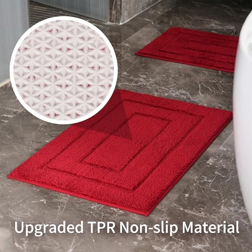 Bathroom Rugs Sets 3 Piece, with 20" x 28" U-Shaped Toilet Rug, Ultra Absorbent and Super Soft Touch, Non-Slip, Microfiber Plush,Rectangular Pattern, Quick Dry Bath Mats for Bathroom, Tub, Bedroom - color: Dark Red