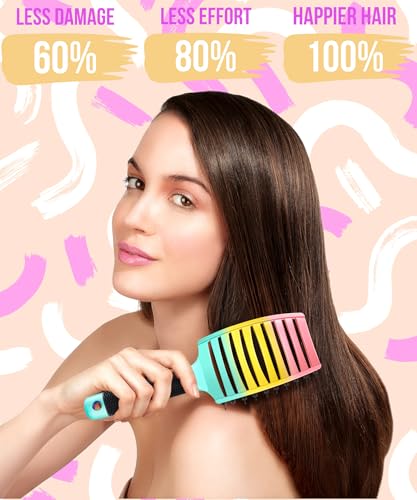 KTKUDY Detangling Brush Boar Bristles Hairbrush Make Hair Shiny & Healthier Curved and Vented Detangler Brush for Women Men Kids Wet & Dry Hair (Rainbow) - color: Green-Yellow-Pink Gradient
