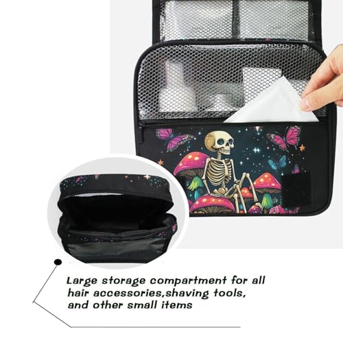 MNSRUU Hanging Toiletry Bag Skeleton Sitting on Mushrooms with Butterflies Travel Makeup bag for Toiletries Portable Travel Toiletry Organizer Cosmetic Bags with Hanging Hook - color: Skeleton A14152