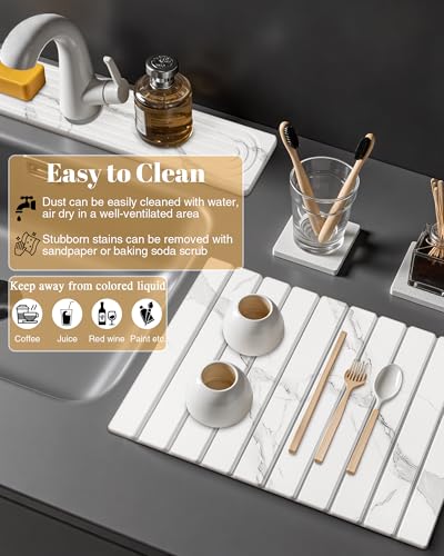 3PCS Set Large Stone Drying Mat for Kitchen Counter Foldable Collapsible Fast Drying Stone Dish Mat Water Absorbing Natural Diatomaceous Earth Bath Mat Quick Dry Stone Tray Bathroom Countertop, Marble - color: Marble White