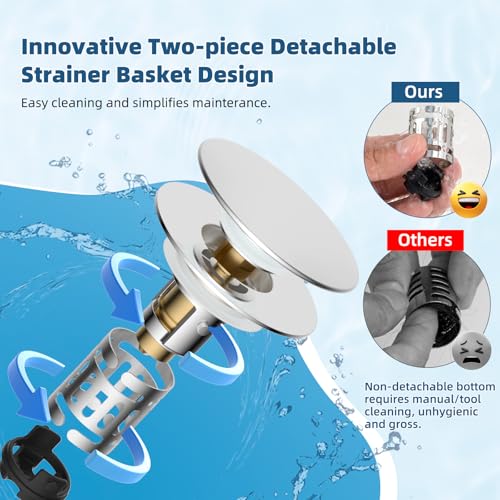 Hibbent Upgraded 3 in 1 Bathroom Sink Drain Strainer, Universal Pop Up Sink Stopper with Big Push Cap, Anti-Clogging Metal Filter Basket,Sink Plug with Hair Catcher for 1.1''~2.36'' Basin, Chrome - color: Chrome
