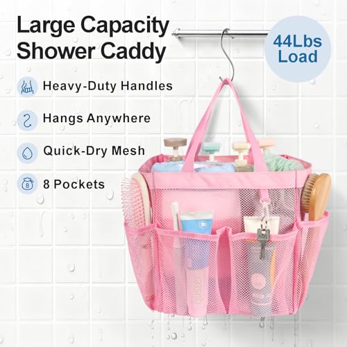 Mesh Shower Caddy Portable - 8 Pockets, S-Hook, Shower Bag for Dorm Camping | 2-Handle, Quick-Dry, Hanging Toiletry Organizer, College Dorm Room Essentials for Girls, Gym, Travel & Bathroom, Pink - color: Pink, size: L (Classic Dorm Caddy)