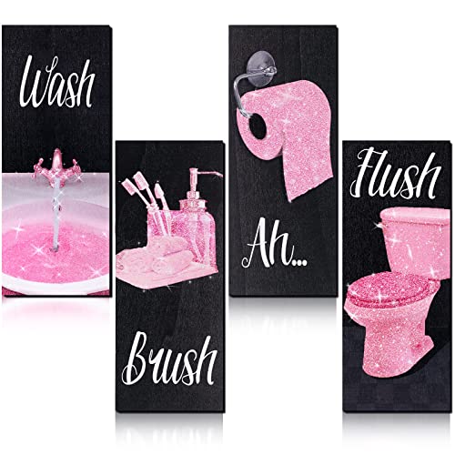 Chinco 4 Pcs Women Funny Wall Art Bathroom Decor 9.84 x 3.94 x 0.2 Inch Glam Bathroom Wall Decor Modern Women Funny Bath Wood Hanging Decoration for Home (Pink) - color: Pink