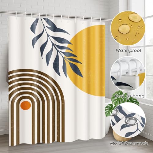 Boho Mid Century Shower Curtain Set with Toilet Lid Cover and Non-Slip Rugs, Modern Abstract 4 Pcs Yellow Sun Minimalist Shower Curtain for Bathroom Set with 12 Hooks - color: Mid Century 4