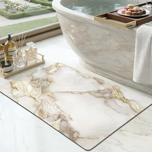 Color&Geometry Ultra Thin Bathroom Rugs Non Slip,Absorbent Quick Dry Bath Mats for Bathroom,Thin Bath Rugs Washable with Rubber Backing Fit Under Door Outside Shower,Gold-Veined White Marble,16"x24" - color: Gold-veined White Marble, size: 16"x24"