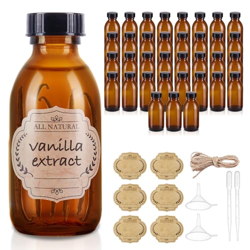 36 Pack 4 oz Boston Glass Bottle with Cap, Empty Glass Bottles for Homemade Vanilla Extract, Essential Oils, Juice, Potion, Syrup, Liquids, Christmas, Holiday Gift (Amber 36 Pack) - color: Amber, size: 36 Pack
