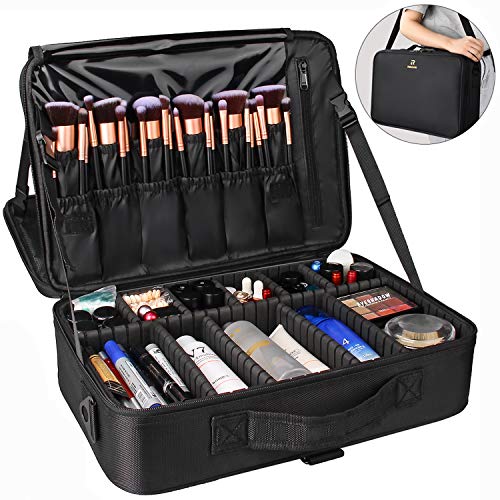Relavel Travel Makeup Train Case Cosmetic Case Organizer Portable Artist Storage Bag with Adjustable Dividers for Cosmetics Makeup Brushes Toiletry Jewelry Digital Accessories - color: Black, size: Large