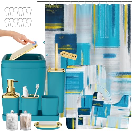 XLHOMO Bathroom Accessories Set - 25PC Bathroom Set with Shower Curtain and Rugs, Teal Blue Bathroom Set, Bathroom Accessory Set with Press-on Lid Trash Can, Soap Dispenser and Qtip Holders - color: Teal Blue & Gold, size: Plaid Complete Set + Bath Rugs