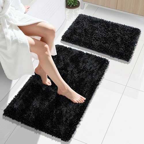 Yimobra Bathroom Rug Set 2 Piece, Luxury Shaggy Bath Mat Set with Non Slip Backing, Ultra Soft & Absorbent Mats for Bathroom Floor, Machine Washable, 31.5"x20"+24"x17", Black - color: Black, size: 24x17 + 31.5x20 Inch