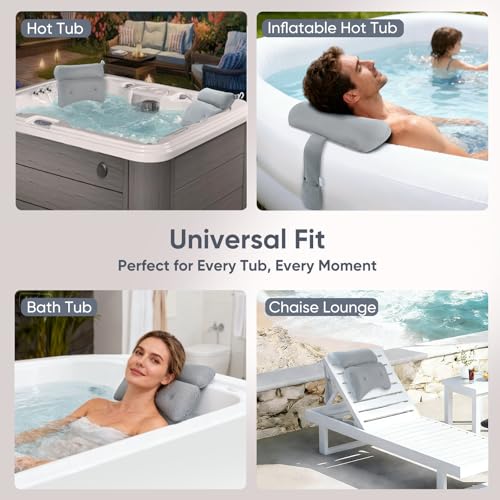 2-Pack Dual-Section Pillows for Hot Tub (Grey) – Dual-Section Head & Neck Support Cushion for Spa & Chaise Lounge, Removable Weighted Pouch, Adjustable Long Strap & Easy-Dry Hook