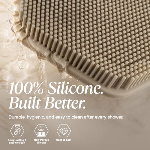 TOOLETRIES Silicone Back Scrubber for Shower with Hook - Sand | Long ergonomic bath brush with a non-slip grip for exfoliating and reaching hard-to-reach areas comfortably. - color: Sand