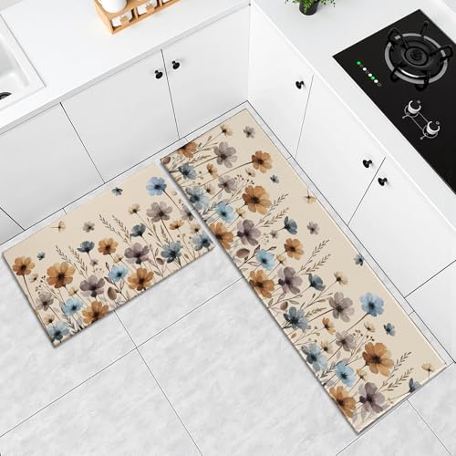 Florals Rugs for Kitchen Floor 2 Pcs Vintage Watercolor Flowers Washable Runner Rug Non Slip 17"x47"+17"x30", Spring Wildflower Comfort Kitchen Floor Mat for Bathroom Laundry Office Decor - color: Watercolor Flowers