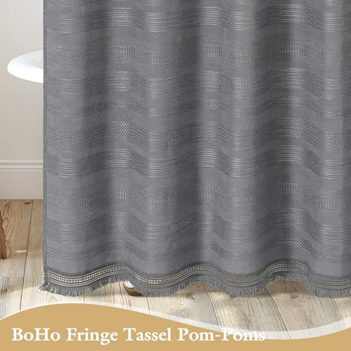 Extra Long Boho Farmhouse Shower Curtain with Tassel, Linen Bohemian French Country Chic Bathroom Shower Curtain Set, Modern Striped Textured Shower Curtain 72x84 - Grey - color: Grey, size: 72"W x 84"L (Pack of 1)