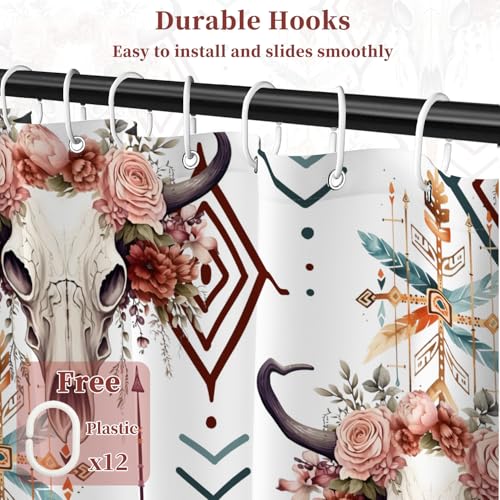 Fabric Shower Curtain with Hooks, Waterproof & Washable Polyester, Boho Western Aztec Cow Bull Skull Floral Shower Curtains for Bathroom, Retro Farmhouse Rustic Bathroom Curtain, 71x74 Inch - color: Boho Bull Skull