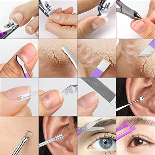 Manicure Set Professional Nail Clippers Pedicure Kit, 16 pcs Stainless Steel Nail Care Tools Grooming Kit with Luxurious Travel Leather Case for Thick Nails Men Women Gift - color: Violet