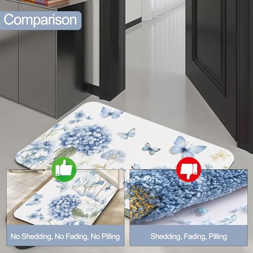 Blue Hydrangea Flower Bath Mat,Fast Drying Spring Butterfly Bathmats for Bathroom, Non Slip Soft Diatomaceous Bath Rug Bathroom Accessories Thin Doormat for Home Kitchen 17 X 29.5 Inch - color: Blue Hydrangea Flower