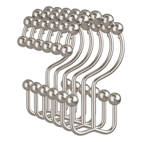 Amazer Shower Curtain Hooks, 12PCS Rust-Resistant Metal Double Shower Curtain Rings for Curtain Rolling Shower Hooks, Shower Rings for Bathroom Shower Curtain Rod, Nickel - color: Nickel, style: Modern - Double Hooks