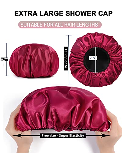 YIZIJIZI Triple Layer Reusable Waterproof Shower Cap for Women Large Terry Lined Hair Cap for Long Thick Hair Travel Bath Care Red - color: Red