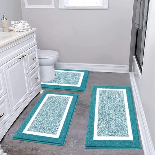 Pauwer Bathroom Sets 3 Pc Shower Rugs w/ U-Shaped Mat, Absorbent Microfiber Plush Mats, Non Slip, Machine Wash, Shaggy Aqua Blue - color: Aqua Blue, size: 18"x26"+20"x32"+U Shape 20"x24"