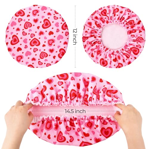 Shower Cap for Women Terry Lined Bath Cap Large Reusable Waterproof Elastic Band Pink Love Shower Caps for Long Thick Hair Soft Bath Shower Hair Caps - color: Pink Cute Hearts