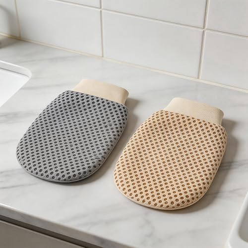 4 Pcs 3D Textured Mesh Soap Bag & Exfoliating Bath Glove Set, Soft Body Scrubber Clean Mitts for Women Men, Shower Bathing Accessories (Grey+Khaki)