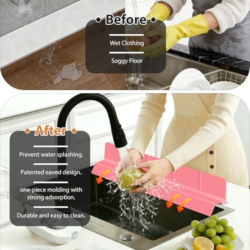 23Inch Sink Splash Guard – Extended Length & Tall Silicone Kitchen Sink Splash Guard with Overhang Drainage Design & Strong Suction Cups for Countertop (Rose Pink, 23''x3.5'') - color: Rose Pink, size: 23''x3.5''
