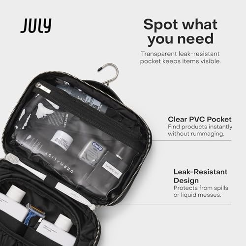 July Hanging Toiletry Bag with Hidden Hook, Clear & Leak-Resistant PVC Pocket, Toothbrush Tab, Water-Resistant Nylon and Leather Trims - Travel Essentials Bag, Bathroom Travel Organizer - Black - color: Black