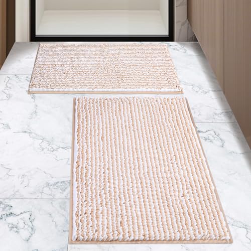 Chenille Bathroom Rugs Set 2 Piece, Absorbent Bath Rugs, Non-Slip Bath Mats, Machine Washable Rugs for Bathroom Floor, Tub and Shower, Champagne&White (20 × 32 Plus 17 ×24 - Inch) - color: Champagne &White