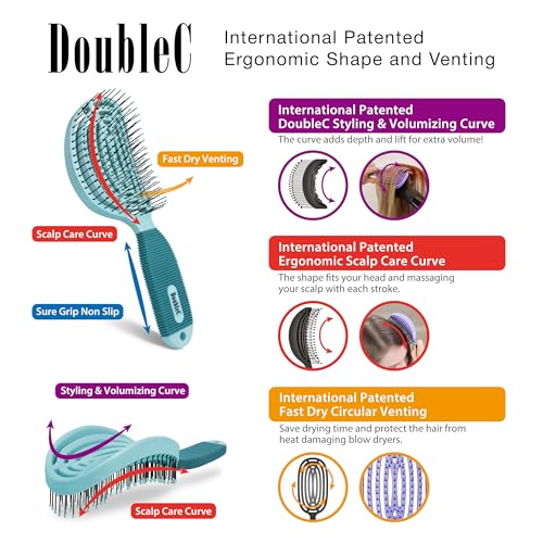 NuWay® DoubleC® Detangling Hair Brush – The Original Home Scalp-Care Brush – Patented Double Curved Scalp Care Hairbrush for Gentle Detangling, Volume Styling & Wet or Dry Hair (Grass Green) - color: Grass Green