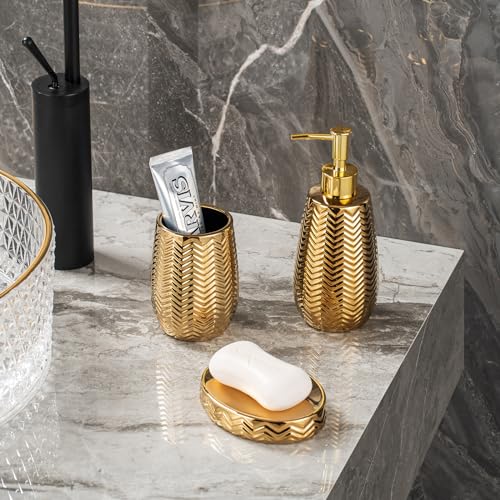 Gold Bathroom Accessories 4pcs Stylish Bathroom Accessories Set Gold Soap Dispenser Pump, Tumbler, Soap Dish and Trash Can Modern Decor Wavy Design Ceramic Bathroom Accessory Set
