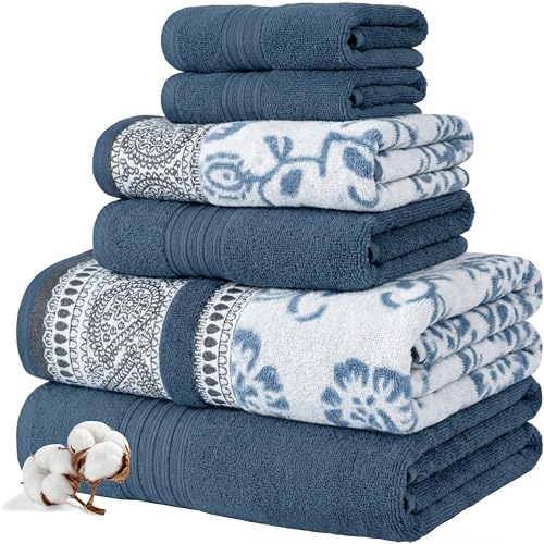 Modern Threads 6 Piece Bath Towel Set – Bathroom Set with 2 Bath Towels, 2 Hand Towels, and 2 Wash Cloths – 100% Cotton, Super Absorbent & Extra Soft – Reversible Floral Trail (Navy) - color: Navy