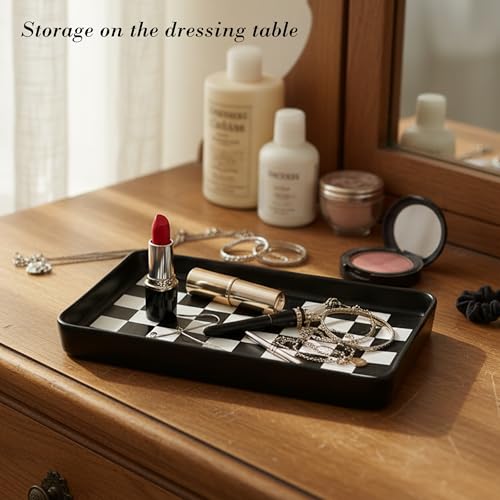 10"×6"×1" Texture Checkered Surface Bathroom Vanity Tray for Countertop- Ceramic Decorative Organizer Tray for Dresser Top, Toilet, Perfume, Sponge Holder Soap Dish Dispenser for Kitchen Counter - color: Black Color With Checkered Pattern-1 Pc