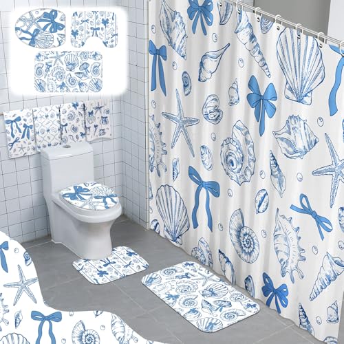 Tatuo 8 Pcs Beach Shower Curtain Set Blue Bow Ocean Bathroom Accessories Sets Coquette Starfish Coastal Waterproof Shower Curtain with Towels Carpet Bath Mat Toilet Rug 12 Hooks for Summer Beach Party - style: Blue Ocean