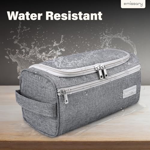 emissary Hanging Travel Toiletry Bag for Men, Dopp Kit - Gray | Built-in hook, waterproof wipe-clean lining, clear & mesh pockets; men's travel toiletry organizer, folds flat - color: Gray