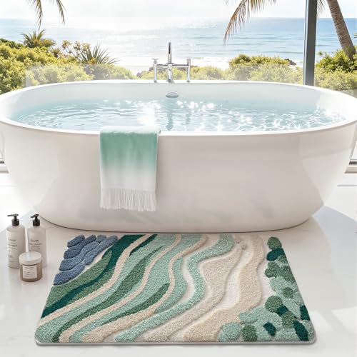 LUMI Beach Bathroom Rug Upgraded, Non Slip Bath Mat Quick Dry, Ultra Soft Washable Absorbent, Ocean Sea Theme Bath Rug for Shower Floor, Home Decor, Kids Room, Bathtub, 24"x43" - color: A-green, size: 24"x43"