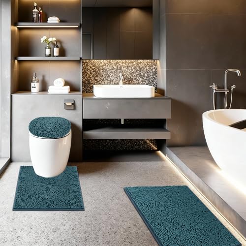 Bathroom Rugs Sets 3 Piece with Adjustable Toilet Seat Cover 19.5"x 18.5" Machine Washable Bath Rug Set with TPR Non Slip Rubber Backing Solid Bath Mat Set for Luxury Bathroom Decoration - color: Fog Blue
