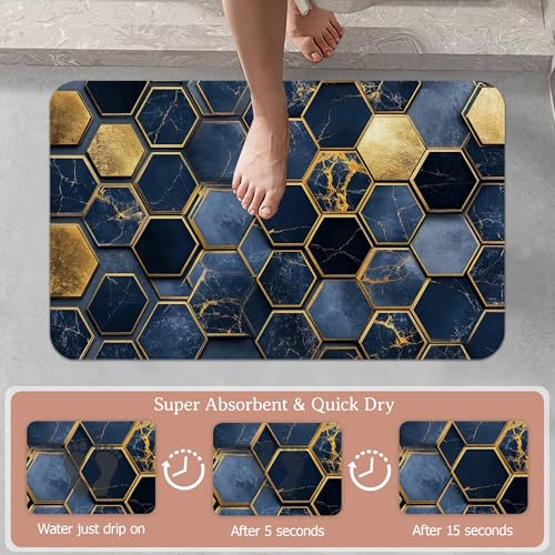 Non Slip Bath Mat,Navy Blue Gold Tiles Bathroom Decor,Dark Marble Diatomaceous Bath Mat Quick Dry Absorbent Bathroom Rugs-Shower Rug for Kitchen Laundry Bathtub Shower 17"x29.5" - color: Navy Blue Gold Tiles,dark Marble