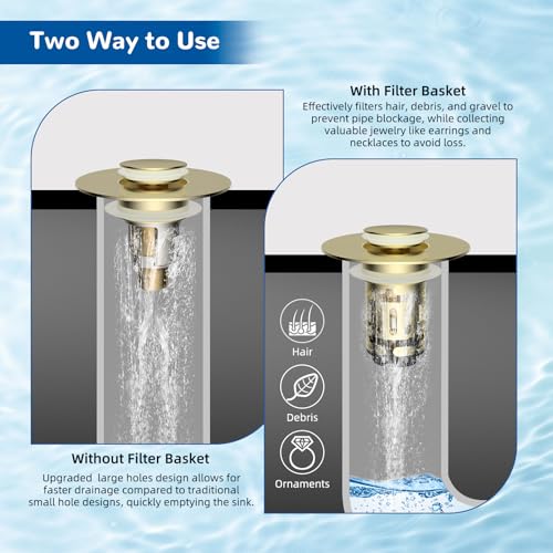 Hibbent Upgraded 3 in 1 Bathroom Sink Drain Strainer, Universal Pop Up Stopper with Removable Stainless Steel Filter Basket Hair Catcher, Sink Plug for 1.1''~2.36'' Basin, Brass Core, Brushed Gold - color: Brushed Gold