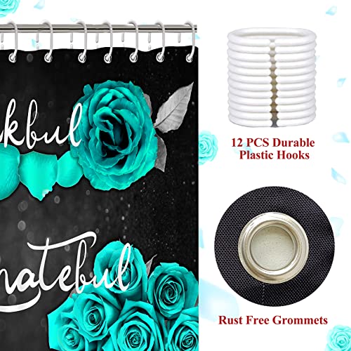4Pcs Teal Rose Shower Curtain Set, Thankful Grateful Blessed Turquoise Bathtub Curtain with Non-Slip Rug, Toilet Lid Cover, Bath Mat and 12 Hooks, Romantic Green Floral Bathroom Decor, 72 x 72 inch - color: Green