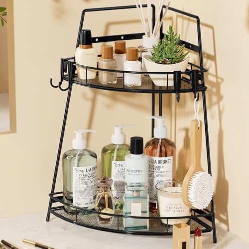 VITVITI 2 Tier Corner Bathroom Counter Organizer, Metal Bathroom Countertop Organizer Shelf Storage, Bath Room Sink Makeup Organizers for Vanity Perfume Skincare with Hooks, Black - color: Black