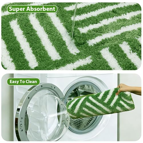 ORTIGIA Striped Green Bathroom Rugs Non Slip Washable, 20x30 Quick Dry Absorbent Soft Plush Microfiber Bath Mats, Bath Rugs for Bathroom Floor Carpet for Sink Bedroom