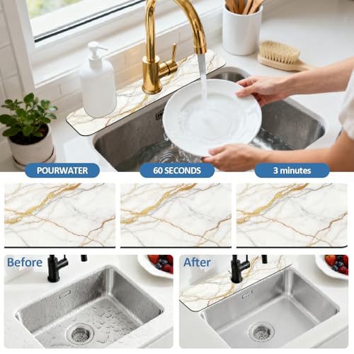 2 Pcs Kitchen Sink Splash Guard Faucet Mat White Marble Faucet Mat for Sinks Marble Texture Absorbing Drying Mats for Kitchen Bathroom, 23.6x5.5inch - color: White Marble