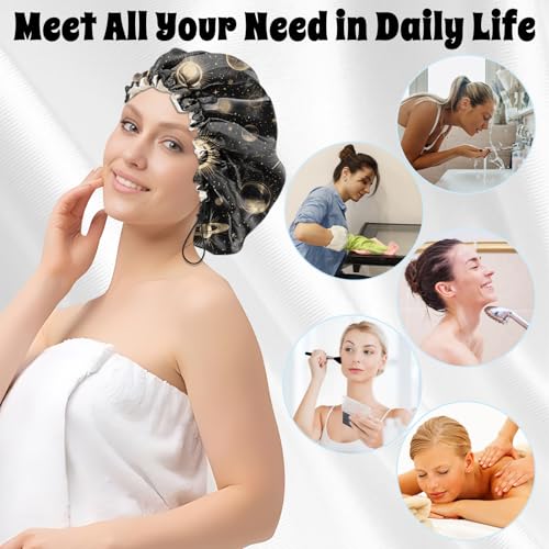 Luxury Shower Cap Satin Lined Reusable Waterproof Double Layer Elastic Adjustable Hair Bath Cap Cute Aesthetic Women Girls-Moon - color: F7-Moon
